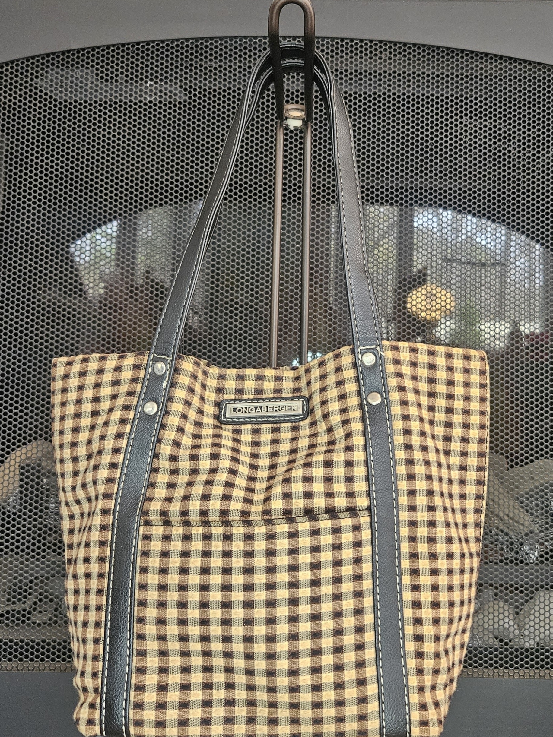 Longaberger Brown Plaid Tote Bag With Black Trim